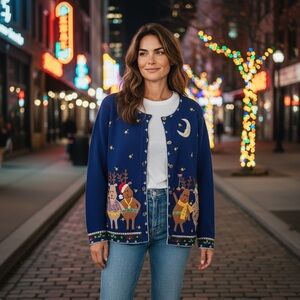 Vtg Arriviste Women Blue Christmas Cardigan Ugly Sweater Large Dancing Reindeer